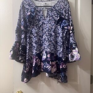 Cupio Navy Floral Bell-Sleeve Blouse with Lavender Accents